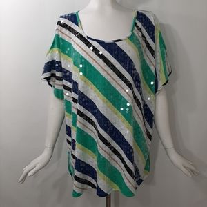 3/$18 Plus 4X Faded Glory Stretch Cold Shoulder Stripes Clear Sequin Green Blue